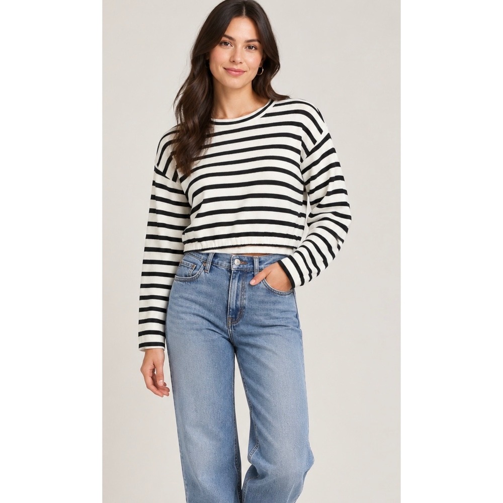 Maeve by Anthropologie Striped Cinched Waist Long Sleeve Top Black White Large